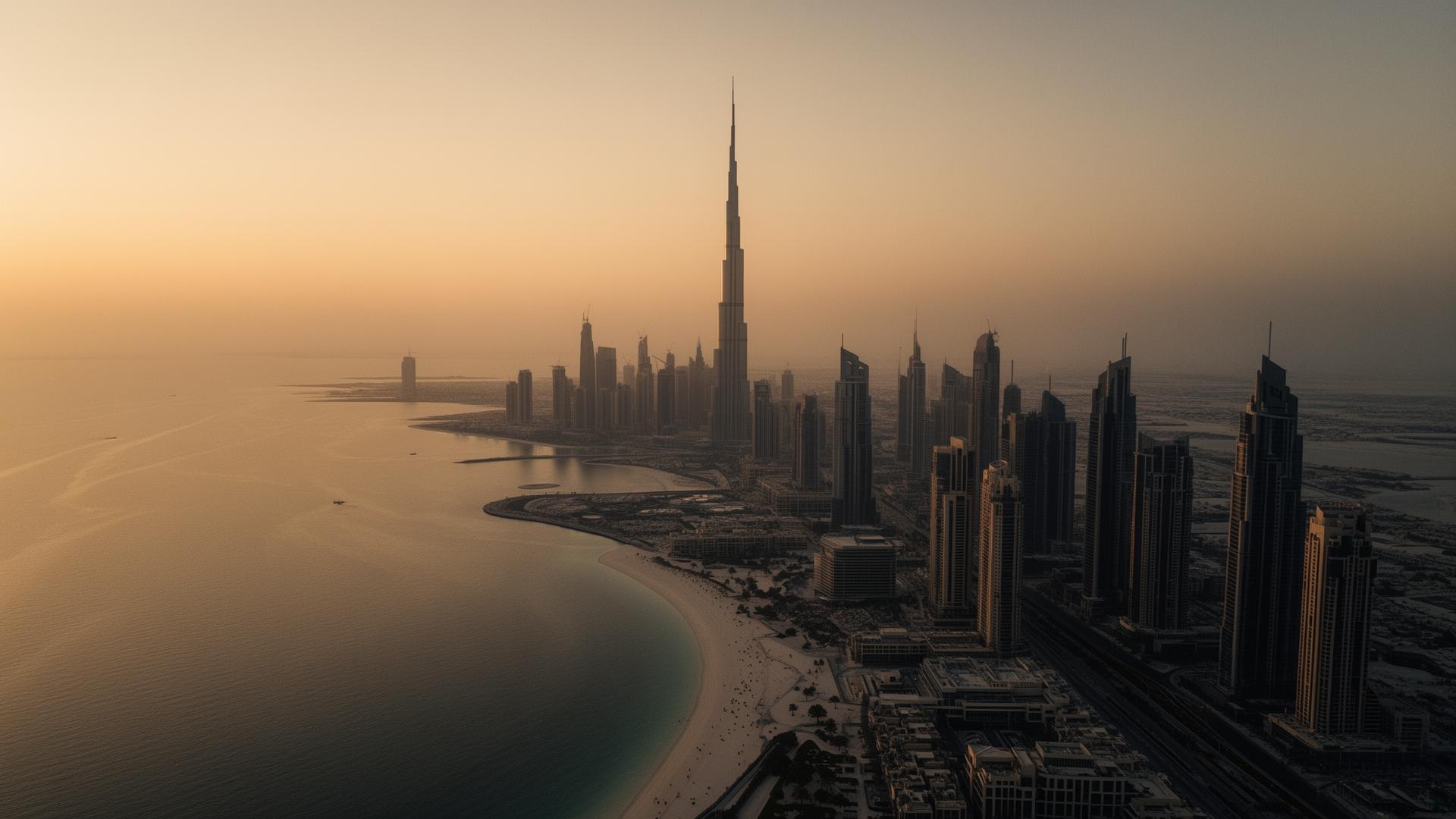 Aerial view of Dubai skyline at golden hour