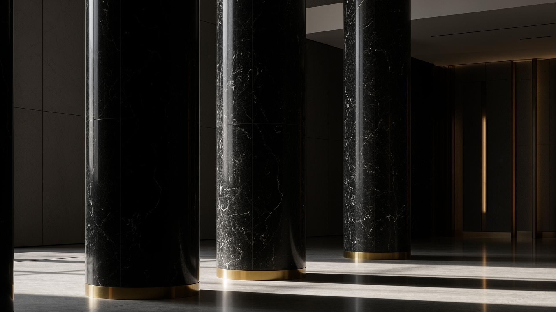Black marble columns with brass detail